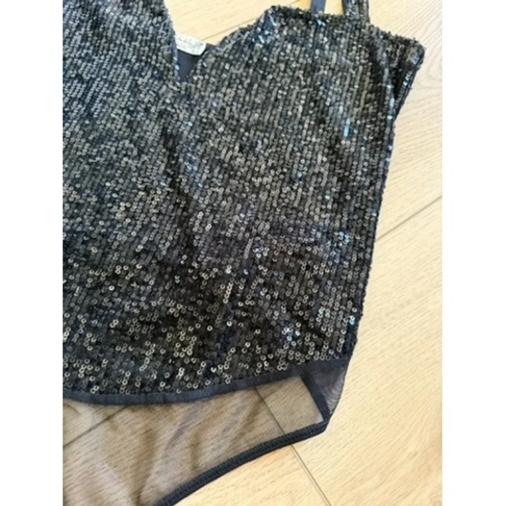 Free People Black Sparks Fly Sequin‎ Bodysuit Sequin V-Neck Thong Sm Straps x123